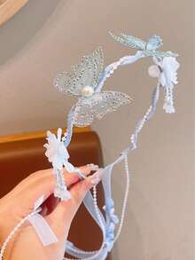 1 pieza Diadema con mariposa de flor de malla con strass, borla y perla de estilo fashionable - Celeste - Ver 4