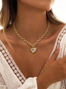 1pc Thick Chain Link Asymmetric Heart Pendant Necklace, Exquisite Luxurious Elegant Women's Necklace - Yellow Gold - View 1