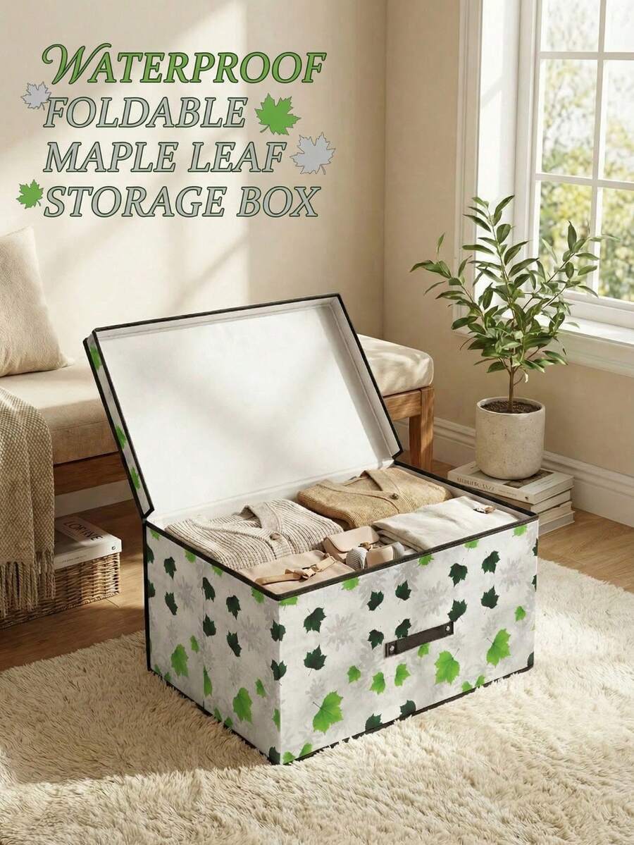 1pc Foldable Fabric Storage Box With Lid, Large Capacity Clothes Organizer, Wardrobe Storage Container, Home Dust-Proof Storage Box, Printed Pattern Storage Solution, Multi-Purpose Foldable Organizer - Fresh Green Leaf Storage Box - View 1