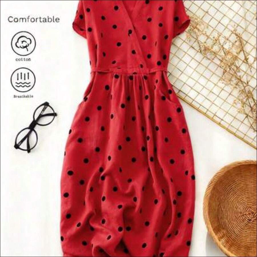 . . Vestido casual elegante y vintage con estampado de lunares, con bolsillos y lazo en la espalda. Silueta minimalista pero refinada de corte evasé con cintura anudada. Vestido versátil de estilo vintage chic para la oficina u ocasiones especiales. Ligero y bohemio con estilo de lunares para primavera/verano y vacaciones. - Rojo - Ver 1