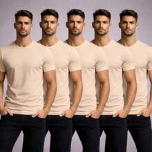 Set Of 5 Men's Basic Plain T-Shirts, 100% Premium Cotton - Kit 5 Bege - View 1