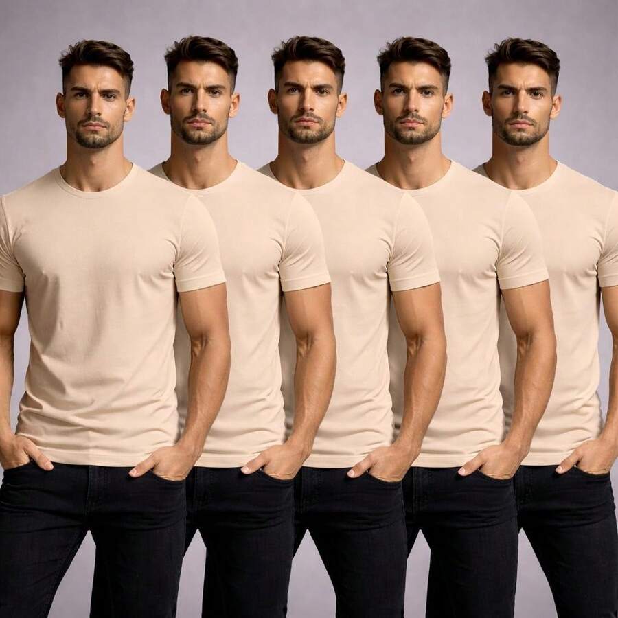 Set Of 5 Men's Basic Plain T-Shirts, 100% Premium Cotton - Kit 5 Bege - View 1