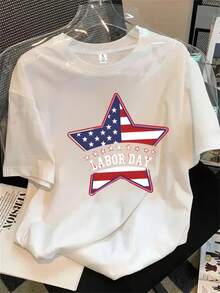 Esta blusa de manga corta con cuello redondo para mujer, con estrellas y un estampado que dice "cansada", es adecuada para todas las estaciones. - Blanco - Ver 1
