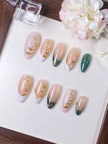 10 Pieces Of Handmade Press On Nails, Green Cat's Eye Design, Green French-Style Fingertip Manicure With Gold Flowers And Golden Floral Stem Vines. Stylish, Elegant, Fresh Summer Nail Art. Perfect For Everyday Dates And Parties With Fake Nails. - Green - View 5