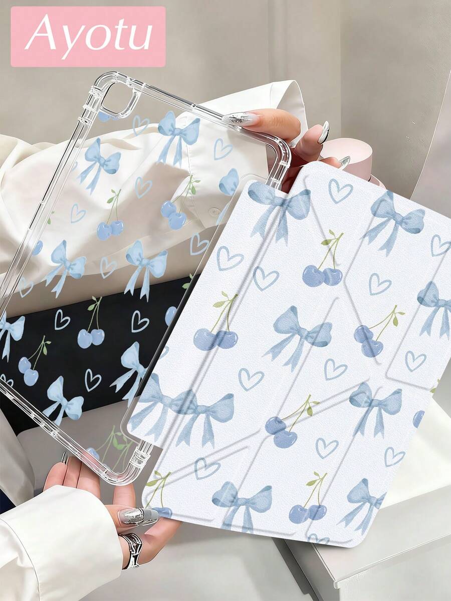 Ayotu Cherry Bow Transparent Acrylic Floral & Leaf Pattern Dual-Sided Painted Flat Tablet Case, Compatible With Ipad Mini6/Mini7/Air2/9.7/10.2/10.5/Air4/Air5/10.9/Pro 11-Inch/10th Gen/ Air 11-In.(M2)-2024/ Pro11-In.(M4)-2024/Air 11-Inch (M3) 2025/ (A16) 11 Inch 11th Generation 2025, Tablet Protective Flip Cover