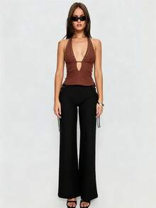 Womens Rivets Studded Halter Neck Plunge Cami Top Self-Tie Spaghetti Straps V-Neck Cut Out Front Crop Tank Top Camisole Vest Y2K Streetwear Party Tops - F217030-棕色 - 查看 4
