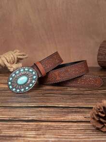1 pièce Ceinture de cowboy western pour hommes, ceinture large à tête de taureau, ceinture à boucle à motif de tête de taureau, ceinture d'extérieur, ceinture de style bohème, ceinture cadeau - Tabac - Voir 3