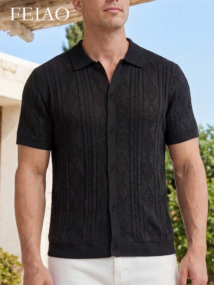 Cárdigan de punto jacquard de unicolor con diseño hueco inspirado en monedas vintage para hombres, adecuado para ir al trabajo, uso casual y vacaciones, estilo minimalista casual y elegante de uso múltiple - Negro - Ver 1