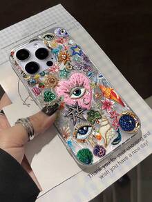 1pc Feather Yarn Diamond Eye Pattern Full Coverage TPU Shockproof Phone Case, Compatible With IPhone 16 15 14 13 12 11 Pro Max - Multicolor - View 2