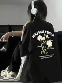 100% Cotton. Casual Short-Sleeved Printed T-Shirt. Women's Y2K-Style Long-Sleeved T-Shirt With A Round Neck And A Cartoon Floral Print. Slim-Fit Summer Top. Knit Fabric, 176 G/M². Spring/Summer/Fall Fashion. Spring/Summer Top. - 黑色 - 查看 1
