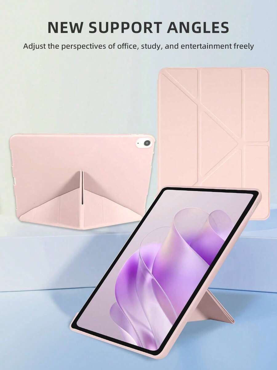 1個矽膠Y型摺疊粉色平板保護殼，相容於iPad Mini 1/2/3/Mini 4/Mini 5/Mini 6/Mini 7/Air/Air 2/9.7/10.2/10.5/Air 4/Air 5/10.9/Pro 11"/第10代/Air 11-In.(M2)-2024/Pro 11-In.(M4)-2024/Air 11-Inch (M3) 2025/(A16) 11 Inch 第11代 2025/Air 8(M4)2026(11-Inch)機型，不含筆，Y型摺疊可調式多角度支架，PU皮革+TPU全覆蓋防摔耐磨，蜂巢散熱，磁吸休眠/喚醒，極簡輕巧，翻蓋平板保護殼Y型摺疊平板保護殼無筆槽