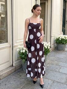 Women's Spring/Summer Long Dress Casual Stylish Dot Print Square Neck A Line Spaghetti Strap Dress - Marrón - Ver 3
