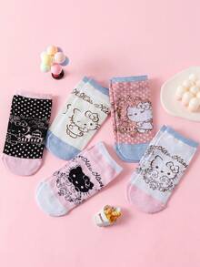 Noctvar OBM Sleepwear X Hello Kitty 5雙 Hello Kitty 踝襪，可愛卡哇伊貓咪圖案，柔軟舒適，透氣，適合夏季多用途，適用於學生/成人，中性禮物 & 日常穿著 - 彩色 - 查看 5