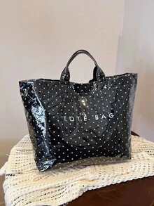 夏季新款個性化黑白圓點對比設計女款手提包，時尚手提包，夏季度假風海灘包，輕量大容量收納手提包適合度假旅行，輕量易開關多功能單肩包；耐用耐磨防水PVC材質女款包；適合送給朋友的禮物、購物、約會、上班通勤、攝影、度假旅行 - 黑色 - 查看 6