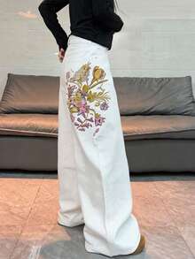 1件女款美式街頭風刺繡寬鬆寬腿牛仔長褲，四季皆宜休閒白色 - 白色 - 查看 8
