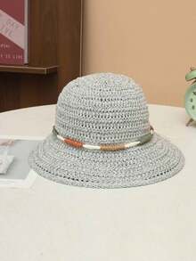 1 pieza Sombrero de paja tejido hueco de ala ancha de unicolor para mujer, primavera verano otoño, moda europea & americana vintage elegante sombrero de cubo de paja, versátil para uso casual al aire libre viajes vacaciones - A - Ver 14