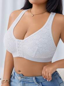 1 pieza Sujetador de talla grande con cierre delantero sin aros sin alambre transpirable de cobertura completa - Blanco - Ver 6