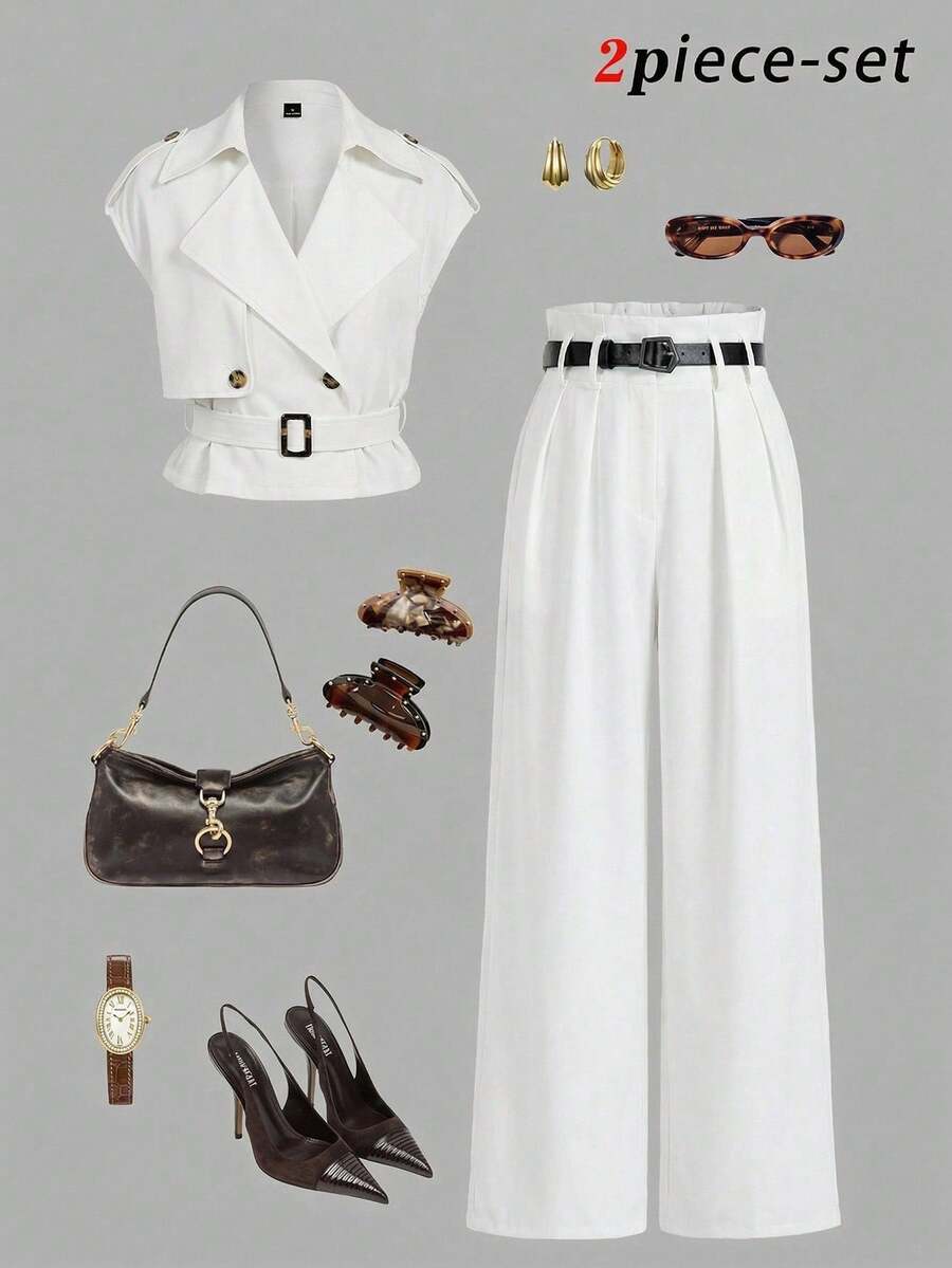 MOD Conjunto de chaleco y pantalones casuales para mujer - Blanco - Ver 1