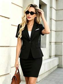 Women's Thin Short Sleeve Professional Blazer, Single-Breasted Slim Fit Office/Interview Formal Top Black - Black - View 3