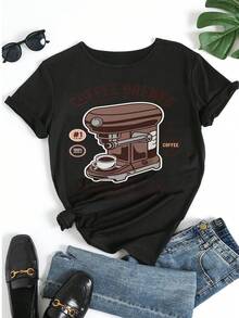 Women's Pure Cotton Short-Sleeved T-Shirt Coffee Machine Print Casual Top - Black - View 5