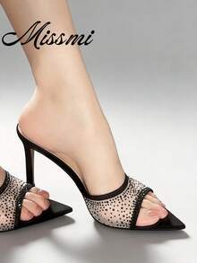 2026 New Open Toe Pointed Toe Mesh Rhinestone Strap Sandals, Elegant Thin High Heel Slip-On Slippers For Women Summer - Black - View 2