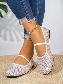 Women's Mesh Square Toe Flat Shoes, Outdoor Casual Wedding Party Breathable Hollow Out Ballet Loafers - White - View 5