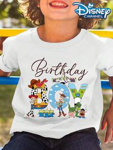 Disney Toy Story Birthday-Themed T-Shirt, "Birthday Boy", Woody And Buzz Lightyear Cute And Playful Birthday Commemorative Top Print Pattern Summer Tops,Short-Sleeved Casual And Cute Style  Children's Clothing Design, Girl Clothes,Boy Kids Clothes ,Ropa Para Niños,Teen Girls Clothes, Summer Clothes,Boys Summer Outfits,Boys Clothes,Perfect For Cool Girls. Comfortable And Breathable Children's Short-Sleeved T-Shirt. Comfortable And Casual Wear All Year Children's Clothes,Comfortable & Lightweight, Iconic Print For Mix-And-Match Outfits,Suitable For Both Boys And Girls. - White - View 2