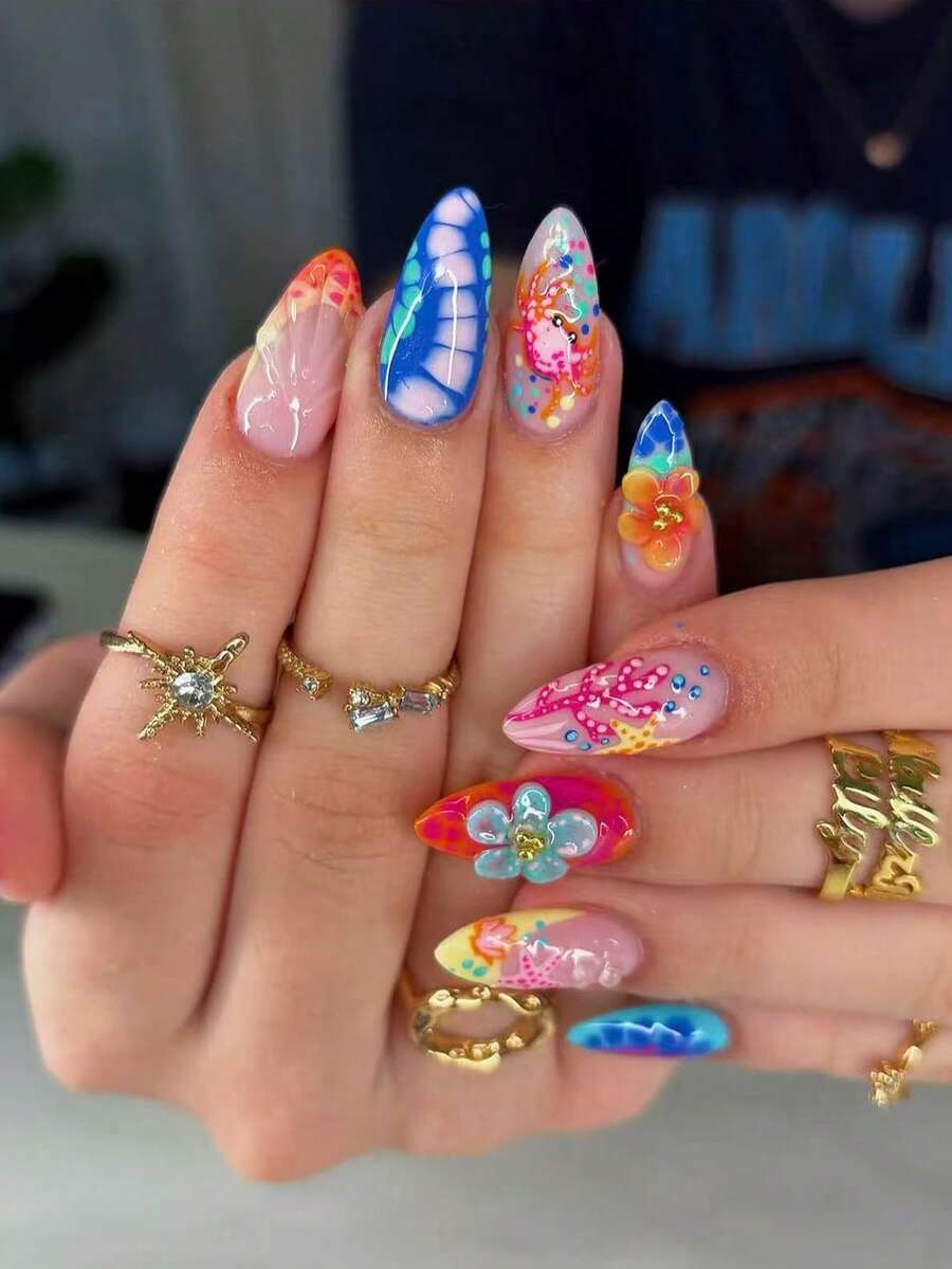 24入海洋主題彩繪3D花朵美甲套組,含1個拋光塊+果凍膠,夏季多巴胺假指甲,適合海邊、音樂節、約會、甜辣女孩與學生 - 彩色 - 查看 1