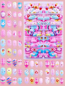 NAIO 120-Piece Pack (5 Styles) Of Children's Press-Type False Nails, Acrylic Material, Full Coverage, Cute Cartoon Rainbow Heart Glossy Press-Type False Nail Set, Short Oval False Nail Set, Comes With 3 Pieces Of Tape And 3 Nail Files. - Multicolor - View 14