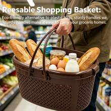 Oval Faux Rattan Plastic Picnic Basket With Lid, Double Opening Design, Large Capacity Handheld Storage Basket For Outdoor Camping, Picnic, Snacks, Fruit, Toys And Miscellaneous Items - Multicolor - View 4