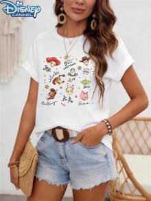 Toy Story Character Print, -Themed Double-Sided Shirt, Women's Casual Round Neck Short Sleeve T-Shirt, Suitable For Spring/Autumn/Summer Wear, Loose - 白色 - 查看 6