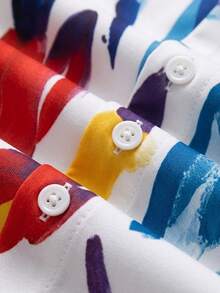 Abstract Color Block Art Print Plus Size Women's Button Down Short Sleeve Shirt Blouse Vacation Summer - Multicolor - View 4