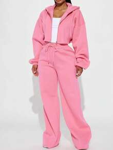Vintage Washed Cropped Zip-Up Hoodie & High-Waist Wide Leg Pants Two-Piece Set, Casual Streetwear Loungewear - 粉色 - 查看 4