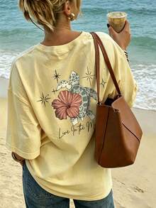 Camiseta de Verano para Mujer con Estampado de Tortugas, Flores y Letras, Casual, Holgada, de Cuello Redondo, para Vacaciones en la Playa - Amarillo - Ver 4