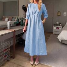 2026 Spring/Summer Women's Cotton-Linen Solid Color Casual Loose Long Dress With Double Side Pockets - Light Blue - View 2
