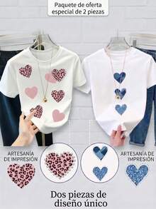 Pack Of 2 Women's Short-Sleeved T-Shirts With Heart Print - Ideal For Festive Outfits, Summer White Tops, Beach Looks, Country Style, Pastoral Vibes And Women's Office Wear. - 2件裝 - 查看 9