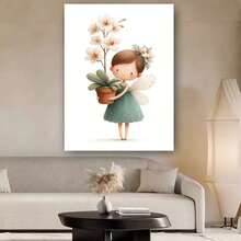 Enmarcado Lienzo plano 2D, 1 pieza,  en lienzo enmarcado - Hada caprichosa con orquídea en maceta, decoración floral clásica moderna, impresión plana 2D con marco negro para sala de estar, dormitorio, oficina, cafetería - Regalo de cumpleaños, vacaciones, inauguración de casa, decoración de interiores, diseño contemporáneo, obra de arte decorativa, decoración de habitaciones, decoración artística, decoración duradera, compradores de regalos, 2D plano - Enmarcado - Ver 1