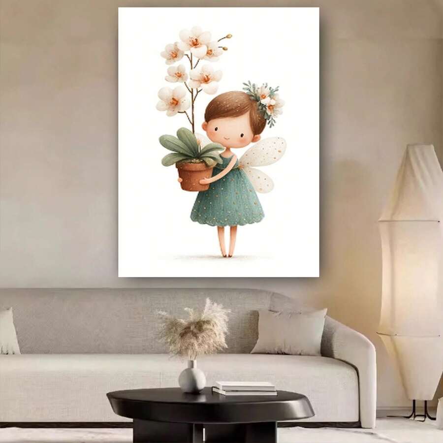 Enmarcado Lienzo plano 2D, 1 pieza, en lienzo enmarcado - Hada caprichosa con orquídea en maceta, decoración floral clásica moderna, impresión plana 2D con marco negro para sala de estar, dormitorio, oficina, cafetería - Regalo de cumpleaños, vacaciones, inauguración de casa, decoración de interiores, diseño contemporáneo, obra de arte decorativa, decoración de habitaciones, decoración artística, decoración duradera, compradores de regalos, 2D plano - Enmarcado - Ver 1
