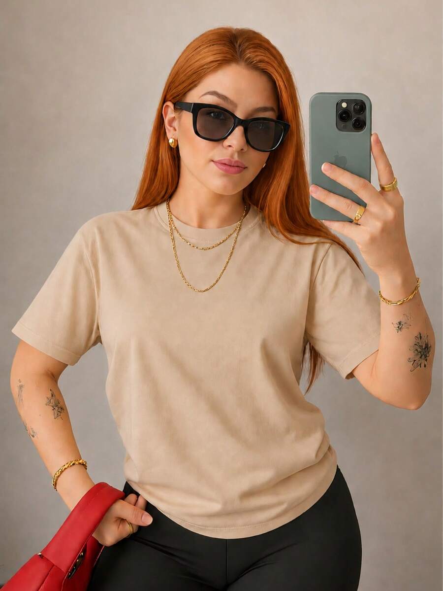 Women's T-Shirt 100% Cotton Stylish Basic T-Shirt Lightweight, Loose And Cool Sizes S To XL - 卡其色 - 查看 1