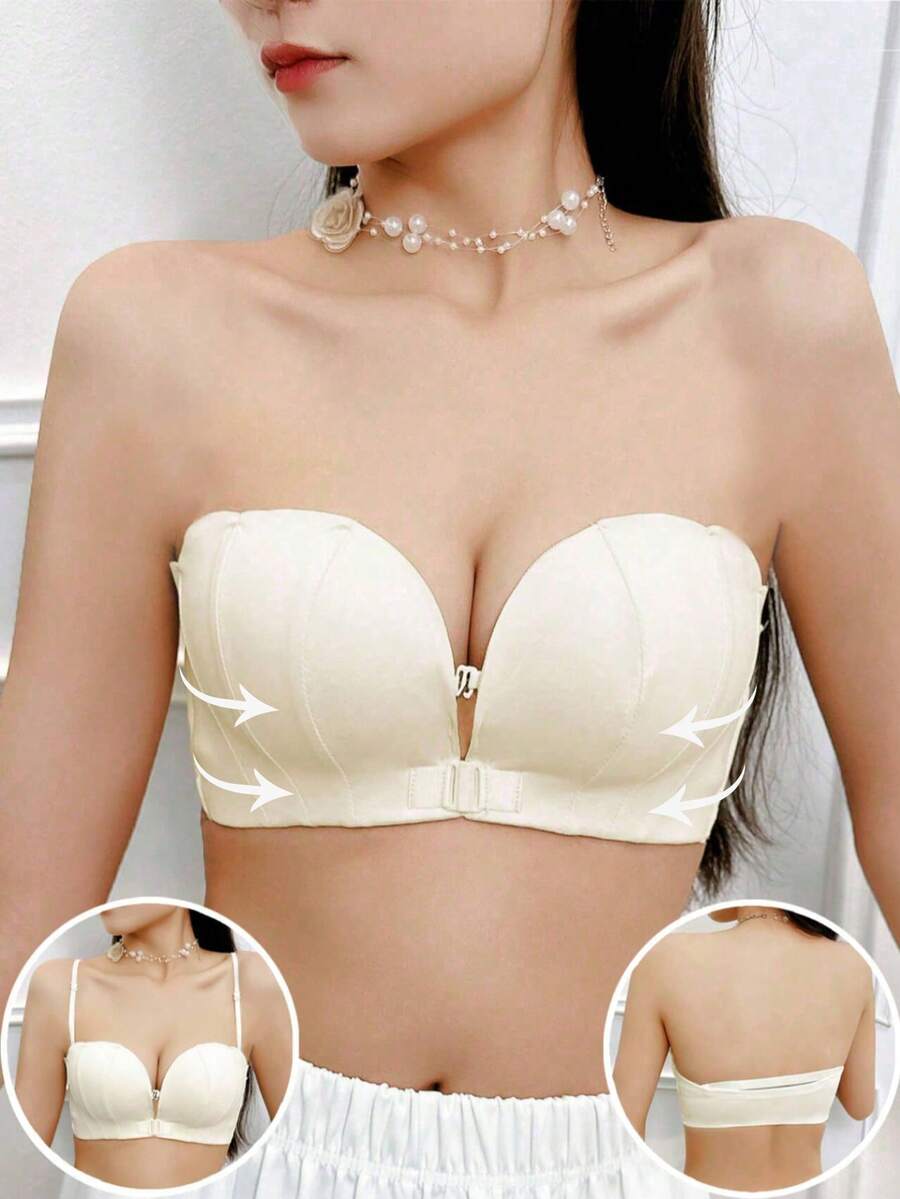 女款貝殼前扣式無鋼圈防滑支撐內衣,適合婚紗與晚禮服,小胸完美選擇,內衣 - 香檳色 - 查看 1