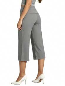 Womens Wide Leg Capris Casual Fold Over Waist Stylish Solid Color Mid Rise Cropped Pants - Grey - View 2