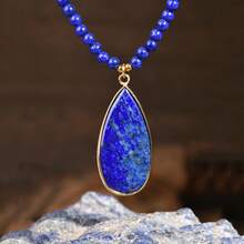 Vòng cổ hạt đá Lapis Lazuli tự nhiên phong cách vintage, vòng cổ mặt tròn Bohemian, trang sức tiệc resort Hawaii quyến rũ, đá pha lê chữa lành unisex - Nhiều màu - Xem 5