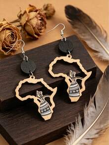 1 Pair Vintage African Map Shape Dancing Girl Hollow Wooden Fashion Earrings - Natural Wood Color - View 4