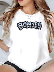 Women's Soft Breathable HOMIES Letter Printed T-Shirt, Black Gothic Style Graphic Short Sleeve Crew Neck Casual Top, Gray White Street Letter Artwork Tee, Lightweight Regular Fit H-Line Shirt, Machine Washable Birthday Graduation Summer Holiday Top, 2026 Summer Spring Summer Autumn Year-Round Comfort T-Shirt For Women - White - View 8