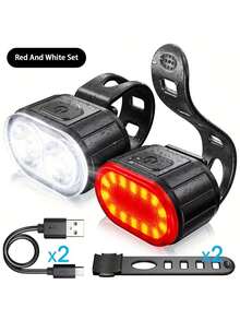 USB Rechargeable LED Bicycle Light Set, Ultra Bright Front And Rear Lights, 4/6 Modes, Mountain Bike Night Riding Lights, Safety Warning Lights, Flashing Warning Cycling Gear, Handlebar Mount, Brake Tail Light - A - View 3