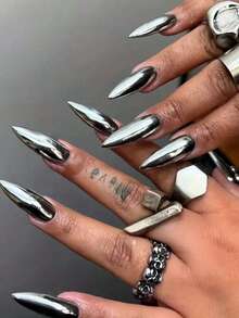24pcs Long Stiletto Fake Nails, Dark Silver Finish Design, Includes 1 Jelly Gel And 1 Buffer, Suitable For Valentine's Day Party, Dancing And Daily Wear, Removable And Reusable. - Silver - View 7