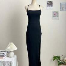 Vestido elegante de unicolor y sexy con espalda descubierta y abertura alta, para fiestas y eventos casuales de verano en color negro - Café integral - Ver 9