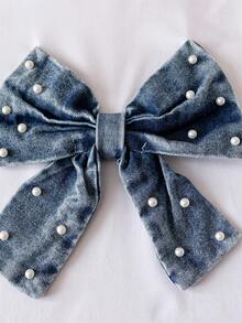 Girls Denim Shorts Set, Denim Beaded Bow Decor Simple Round Neck Short Sleeve T-Shirt, Denim Beaded Shorts With Patchwork Skirt Hem, Casual Young Girls Outfit - White - View 4