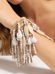 1pc Bohemian Style Acrylic Multi-Layer Tassel Beaded Bracelet, Suitable For Women's Beach Vacation / Party Outfit - Off White - View 1