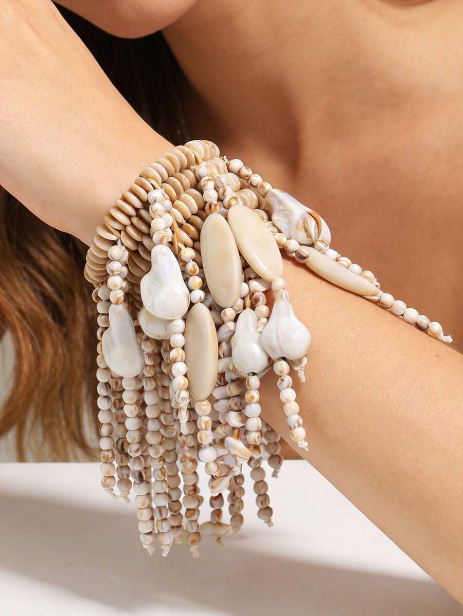 1pc Bohemian Style Acrylic Multi-Layer Tassel Beaded Bracelet, Suitable For Women's Beach Vacation / Party Outfit - Off White - View 1
